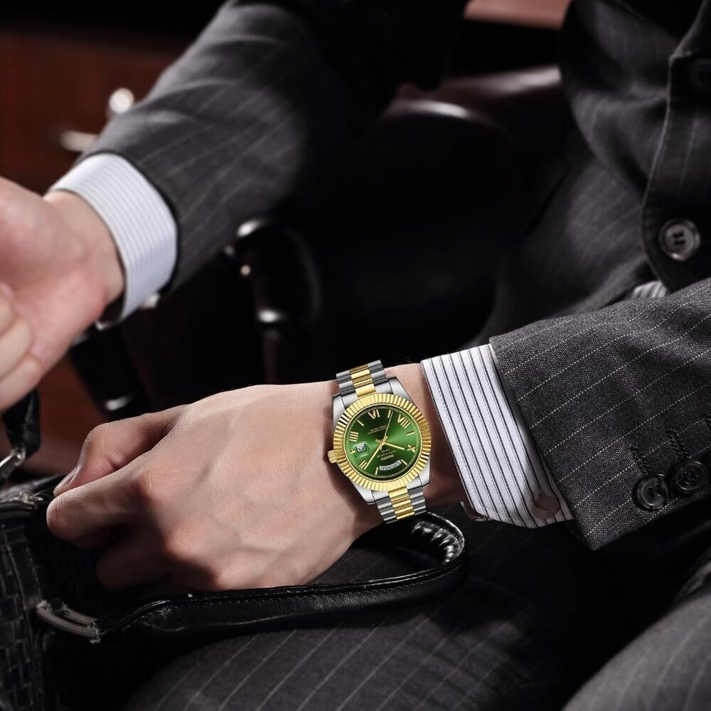 Men's Gold Silver Green   Stain Steel Analog Classic Design Stylish Wrist  Watch - Picture 6 of 6